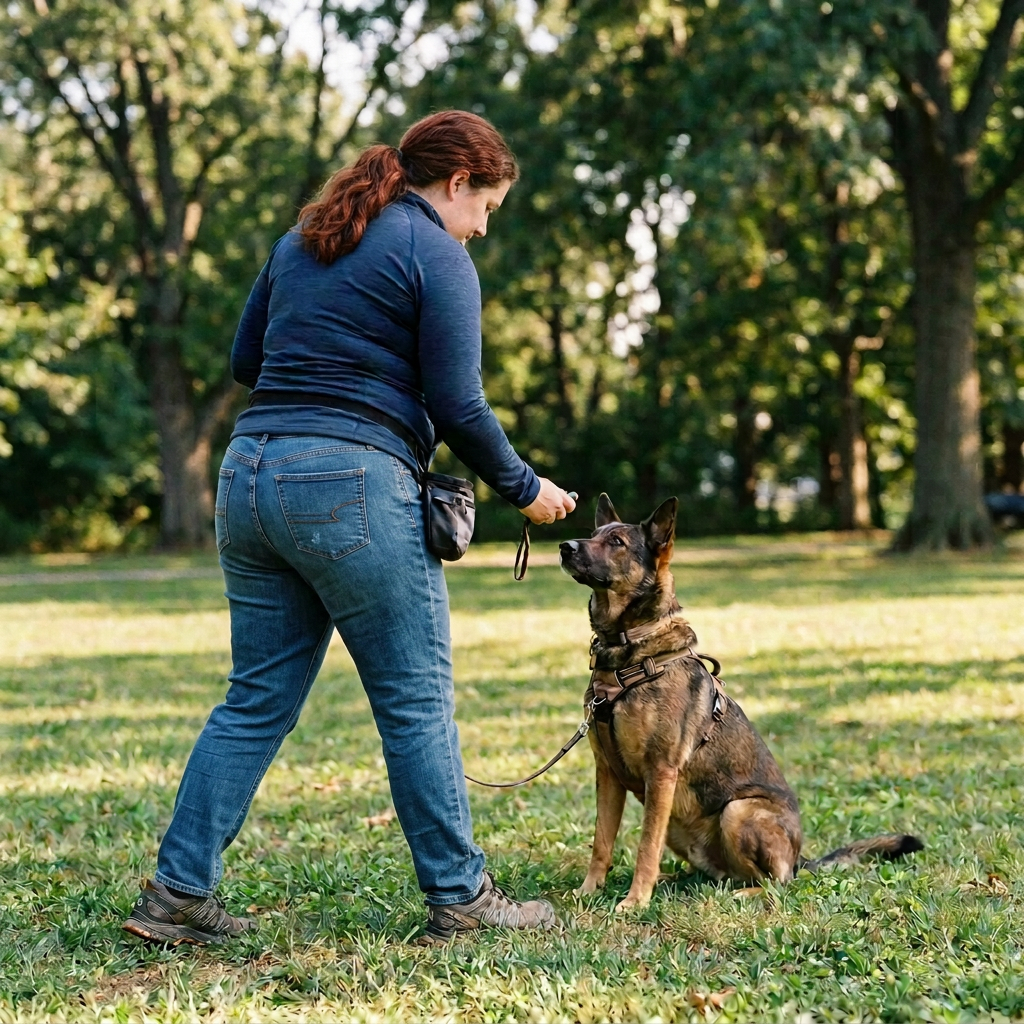 Handler training a sitting German Shepherd on leash in a park